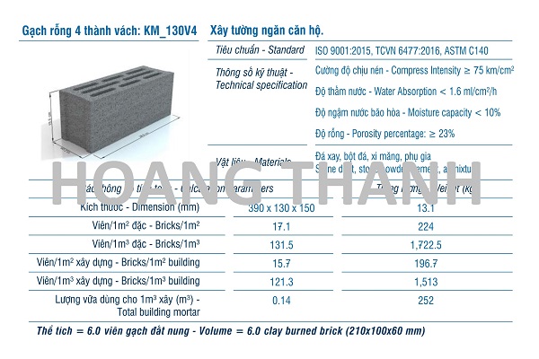 Gạch XMCL cao 130 xây tường rỗng 100mm